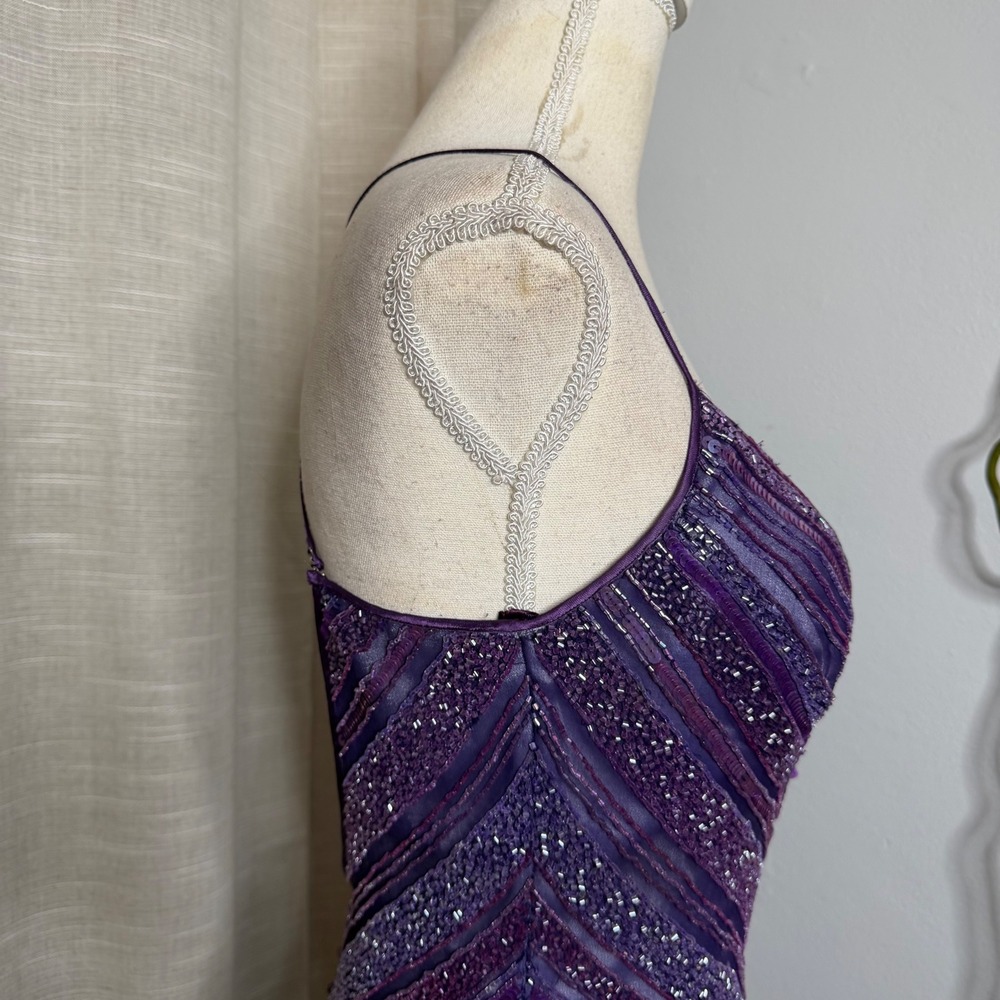 Vintage Y2K Scala Glass Beaded Silk Chevron Maxi Dress Purple Gown Womens Medium - Picture 6 of 15